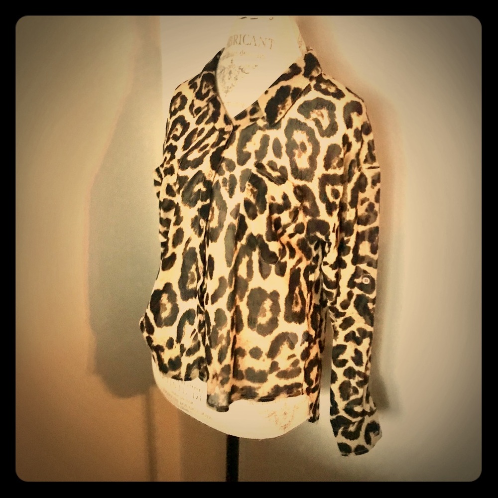 Agaci Sheer Animal Print Button Up Blouse Sz S